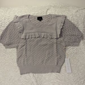 ❤️ NWT Lumiere Gray Lavender Ruffle Knit Top Large Sweater Short Sleeve